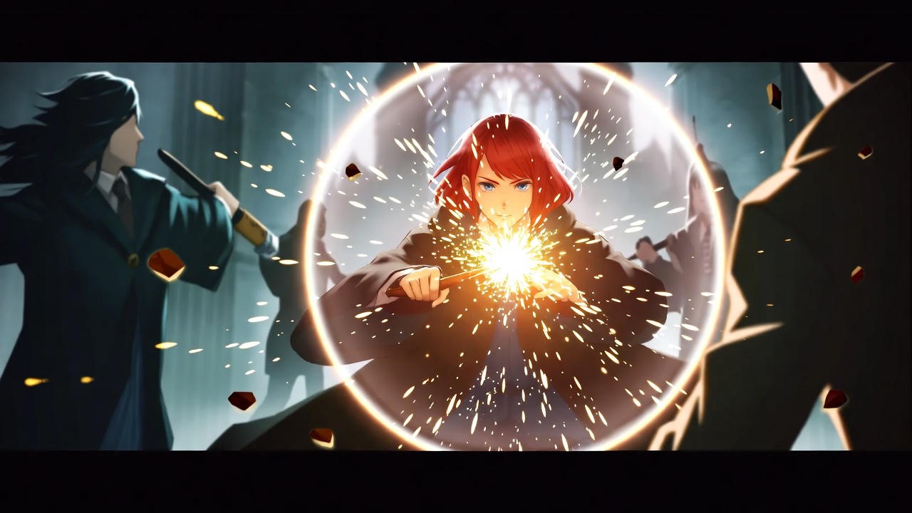 Bill Weasley casting a defensive spell in Hogwarts battle, Order of the Phoenix fight scene.
