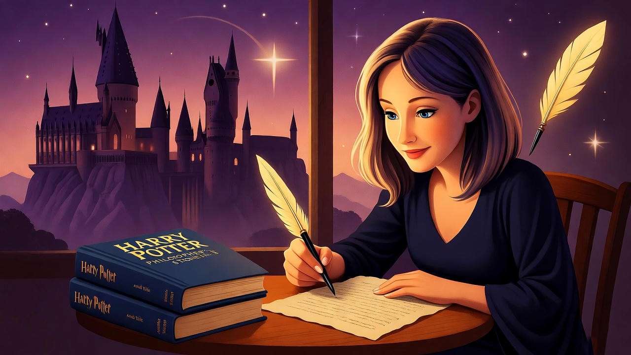 Illustration of J.K. Rowling writing Harry Potter Philosopher’s Stone manuscript with magical elements