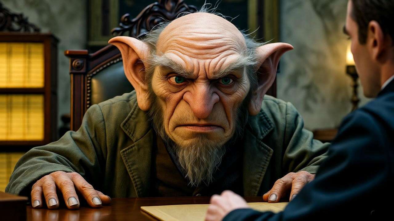 Gringotts goblin negotiating with a wizard, highlighting their societal role and longevity in the Harry Potter universe.