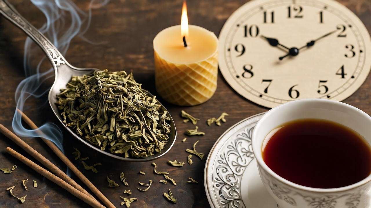 Trelawney tea leaf reading materials: Earl Grey, bone china cup, ritual tools  

