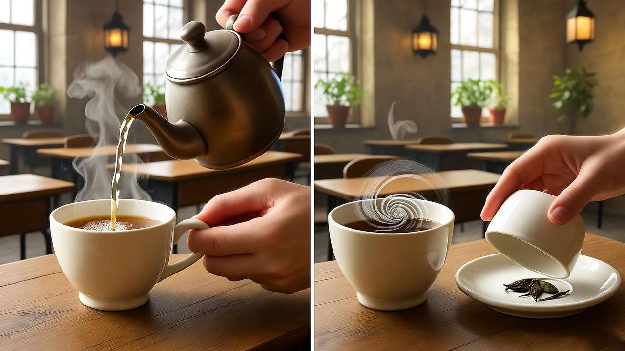 Step-by-step Trelawney tea leaf reading ritual: brew, drink, swirl, invert
