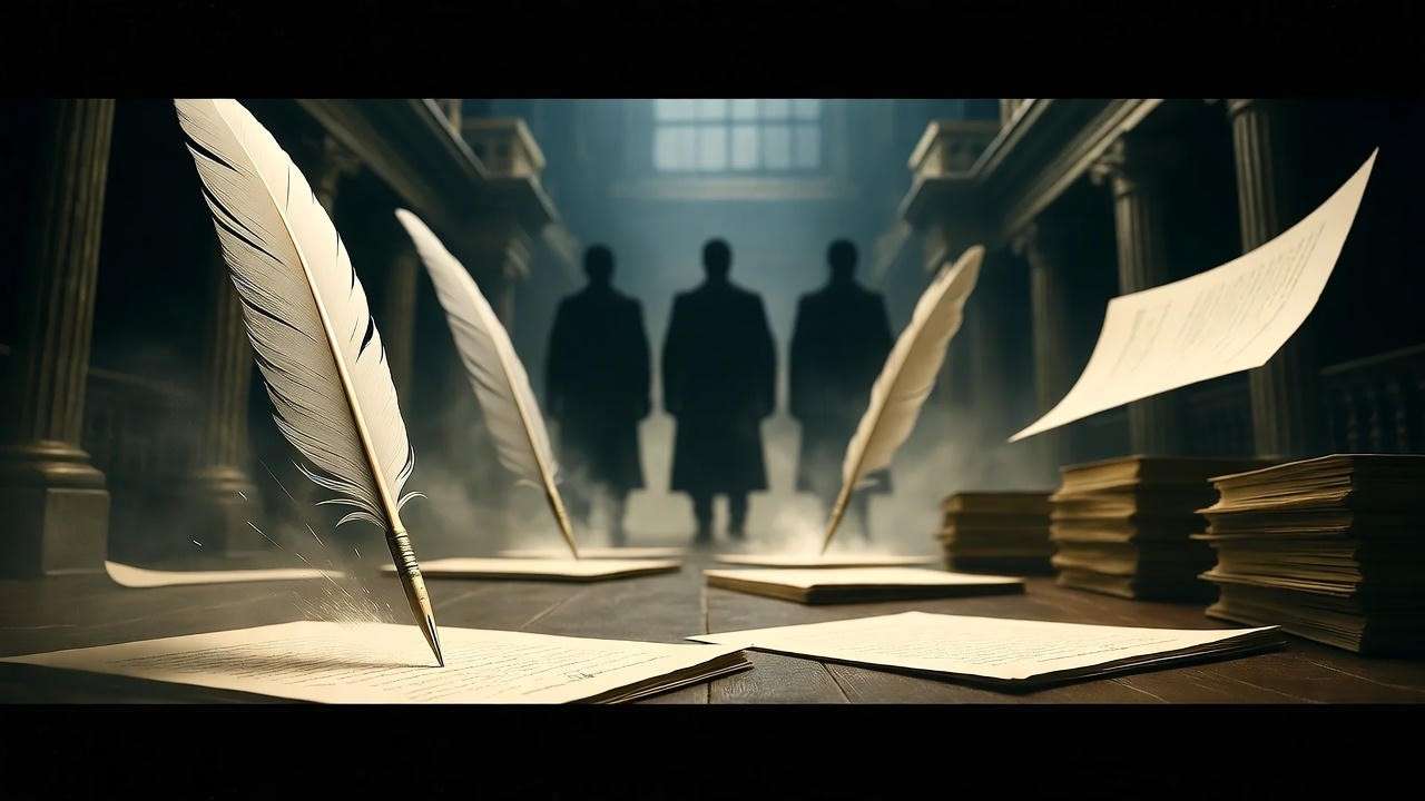 Chaotic enchanted newspaper office with Ministry officials and flying parchment