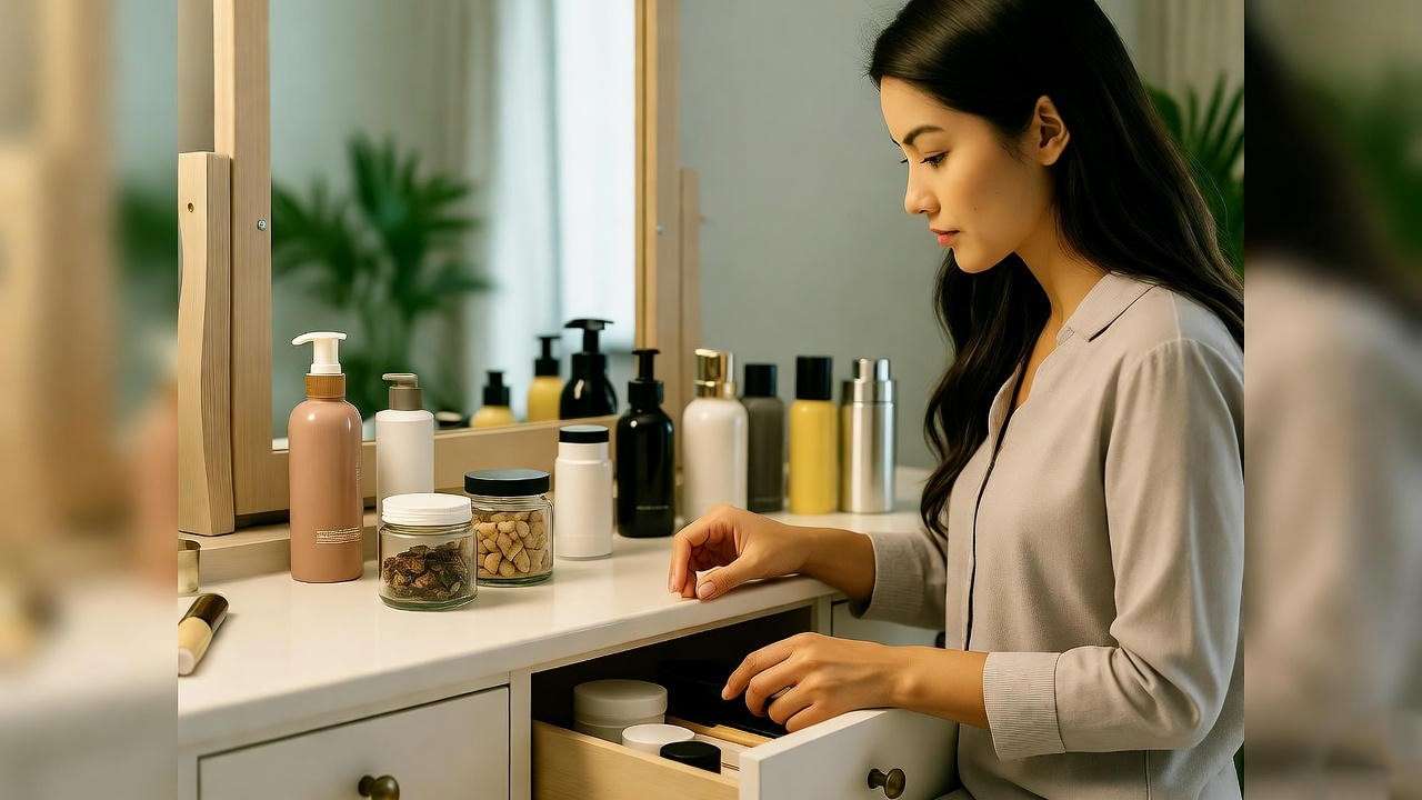 Stylish woman applying red lipstick and eyeshadow for an eco-conscious event look