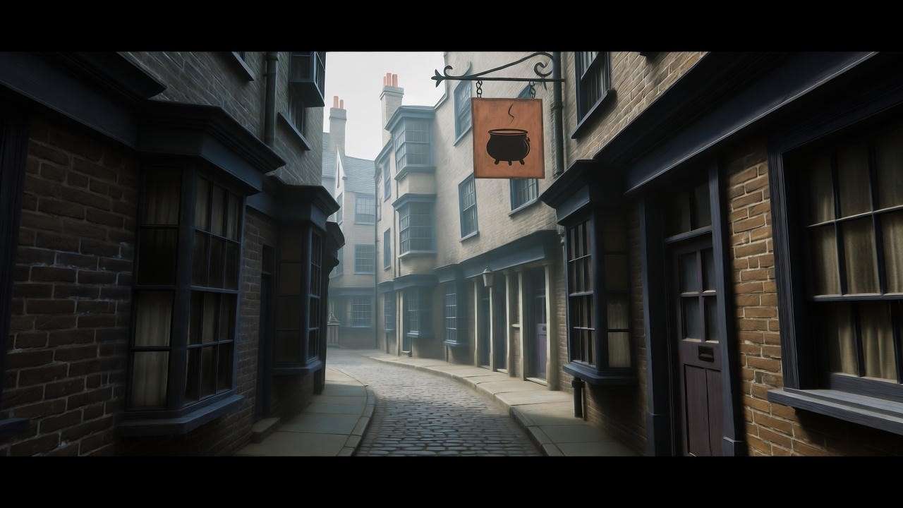Historic 15th-century London street with the Leaky Cauldron London, a hidden wizarding pub with a magical aura, evoking Harry Potter lore.