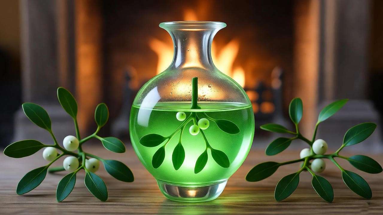 Glowing mistletoe potion in a phial with mistletoe branches in a Hogwarts common room.