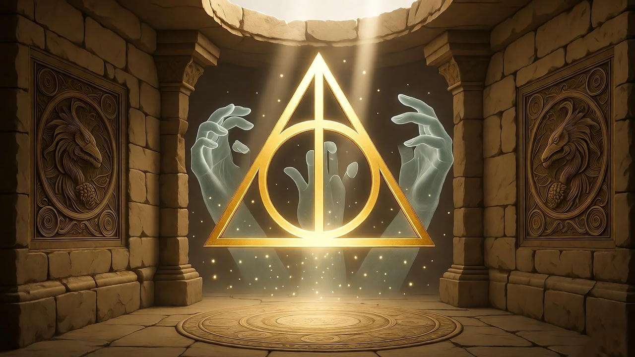 Floating Deathly Hallows symbols in golden light – number three motif Harry Potter