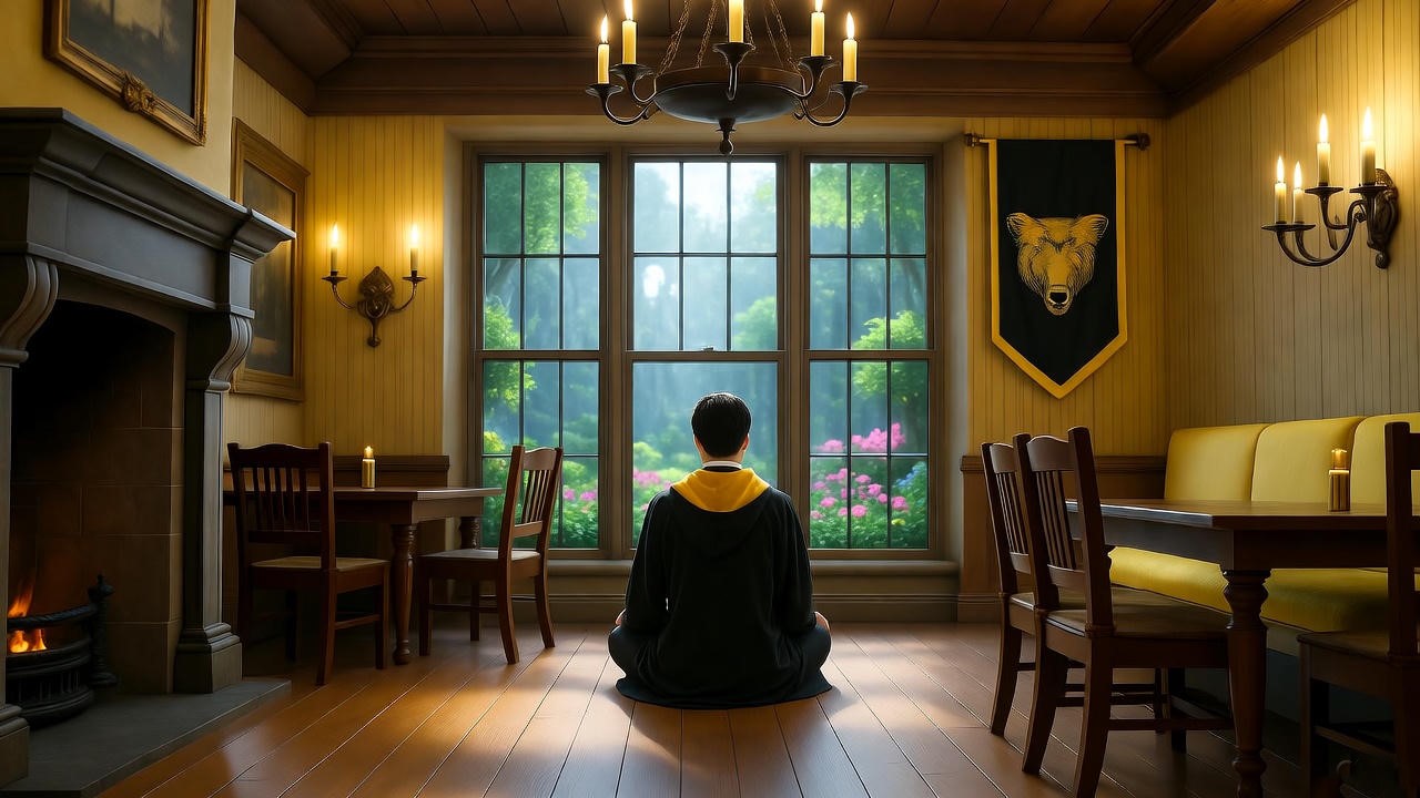 Hufflepuff student meditating for wizards study relaxation