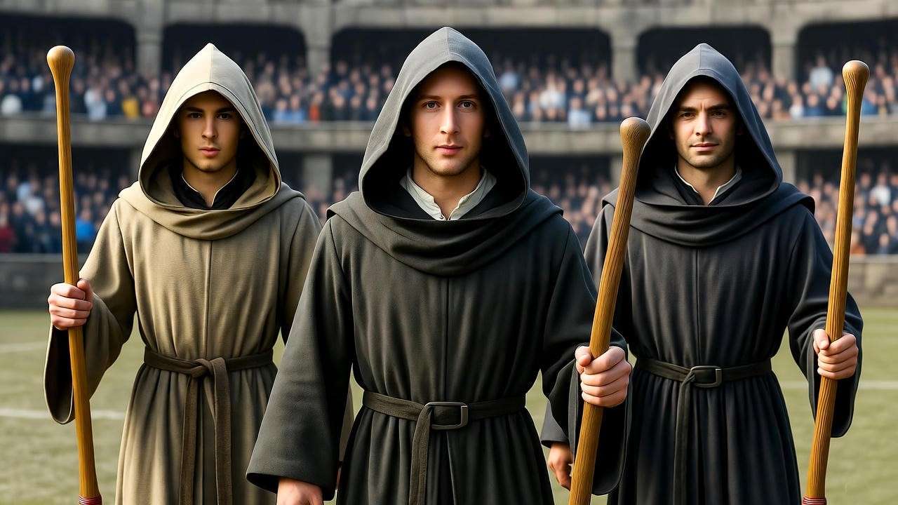 Historical Quidditch players in Hawkshead Attack Formation V-shape, medieval robes, ancient field.
