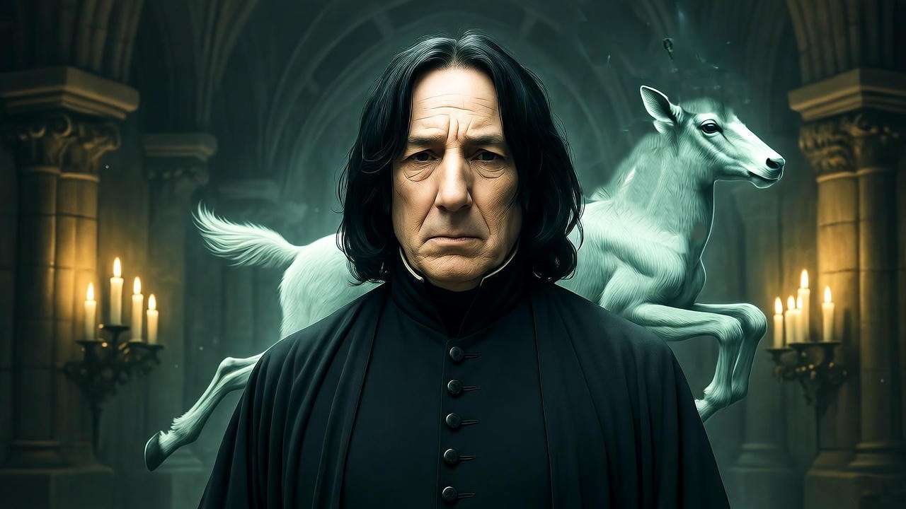 Dramatic Hogwarts scene with Severus Snape and doe Patronus symbolizing name meaning in Harry Potter.