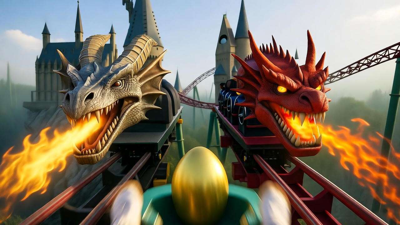 POV of Universal’s Dragon Challenge coaster recreating **harry potter the dragon challenge** with Hungarian Horntail and Chinese Fireball