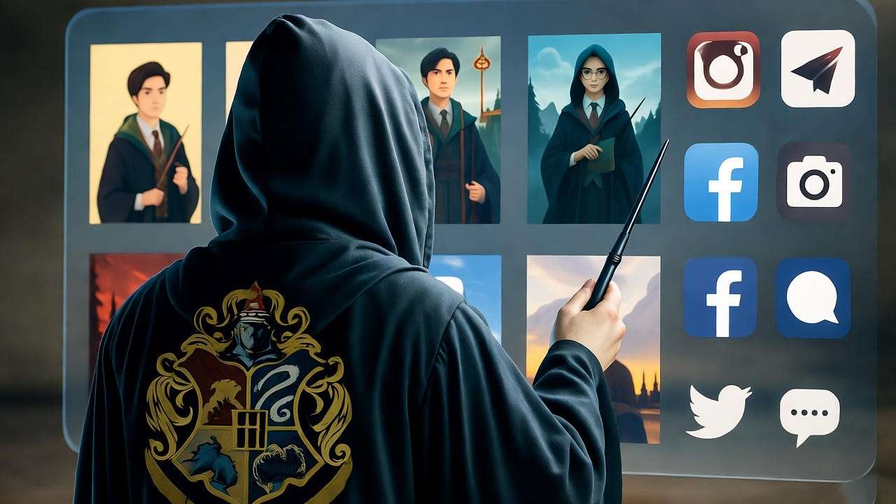Fan in house robe with wand in front of digital screen showing crest-themed fan art and social media icons.