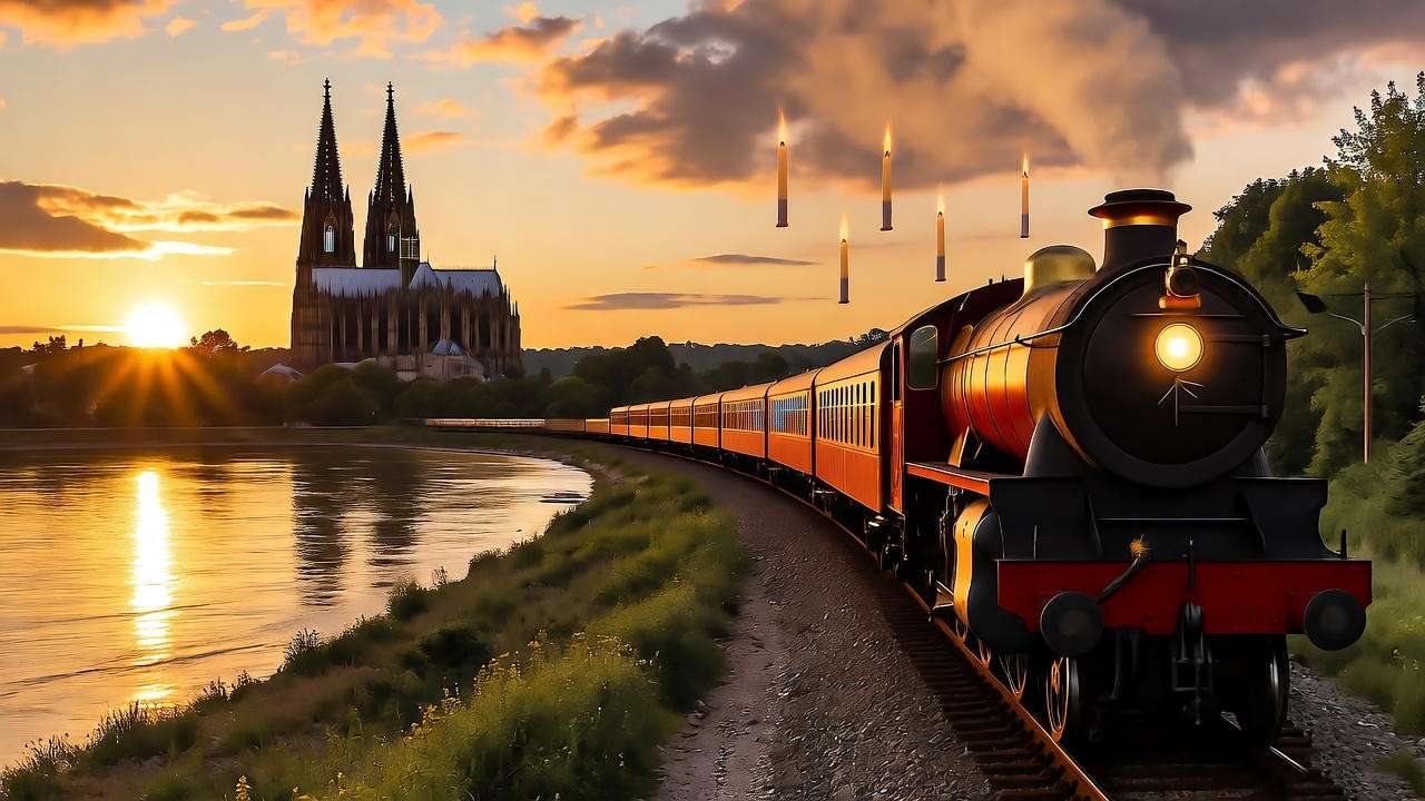Hogwarts Express train on Rhine Valley route with Cologne Cathedral at sunset, Germany