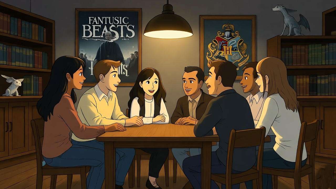 Fans discussing Newt Scamander and autism representation in a Harry Potter community gathering.