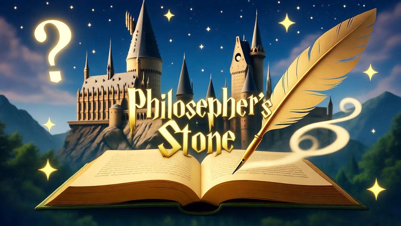 Illustration of a magical Harry Potter quiz scene with book and quill