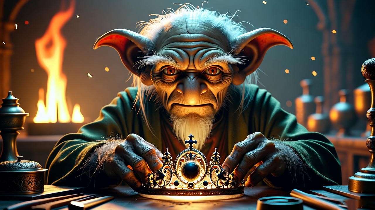 Gringotts goblin crafting a silver tiara in a magical forge, symbolizing their magical abilities and longevity in the Harry Potter universe.