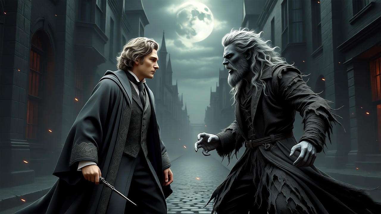 Remus Lupin confronting Fenrir Greyback in a dark alley in Harry Potter.