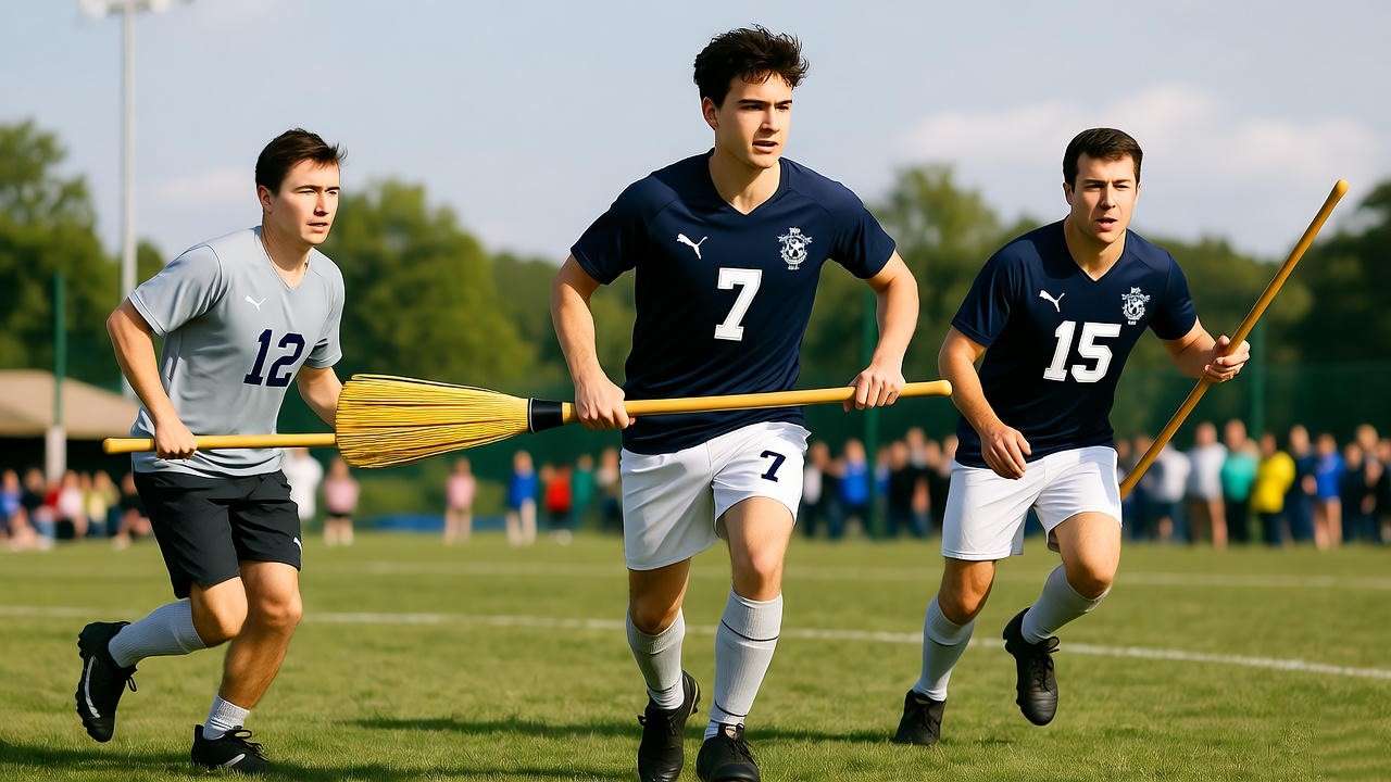 Muggle Quidditch team in Hawkshead Attack Formation V-shape, grassy field, modern play.