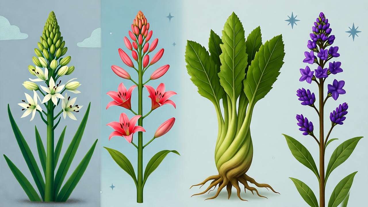 Illustration of asphodel, lily, mandrake, and dittany plants in a magical garden