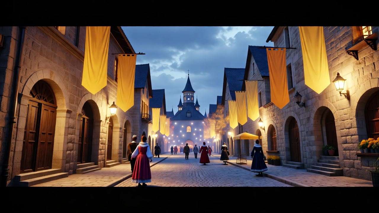 Historical European village with golden banners and stone buildings, reflecting Goldstein's cultural roots in Harry Potter.