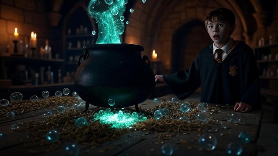 Hogwarts Potions classroom with a cauldron overflowing with Swelling Solution, a young wizard in surprise.