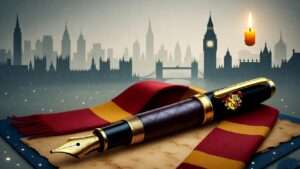 Featured image for an article about the best 10 Harry Potter fountain pens, 16:9 aspect ratio (1920x1080), showcasing a magical writing scene with a Hogwarts-inspired fountain pen with a Gryffindor crest, resting on aged parchment, draped with a red and gold Gryffindor scarf. Background features a subtle London skyline silhouette (Big Ben, Tower Bridge) in mystical fog, with soft ethereal light from a floating candle. Use a color palette of deep burgundy, gold, muted grays, and blues, with a warm, nostalgic mood and subtle magical sparkles around the pen.