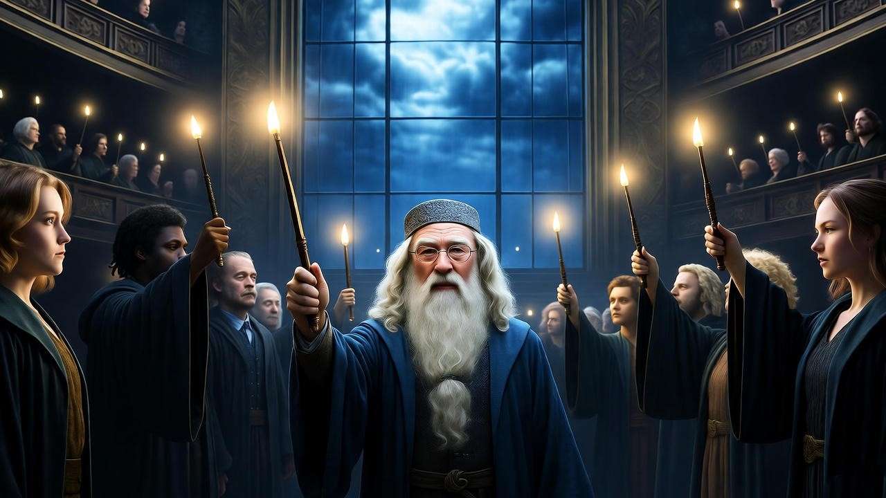 Albus Dumbledore addressing the ICW with wizards and glowing wands in a stormy hall.