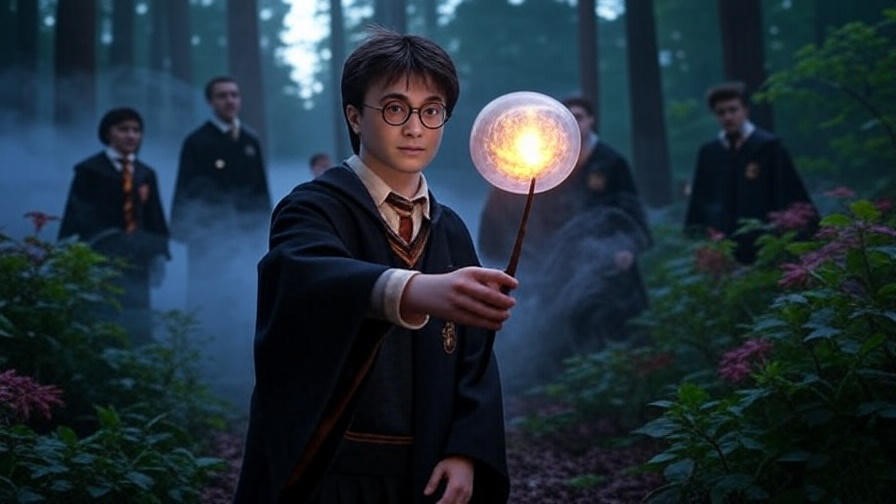 Harry Potter cosplay scene with a glowing Warning Spell orb in a forest setting.