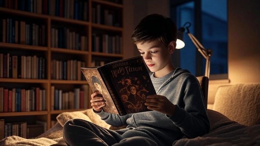 Young fan reading Harry Potter with magical glows symbolizing Warning Spell life lessons.