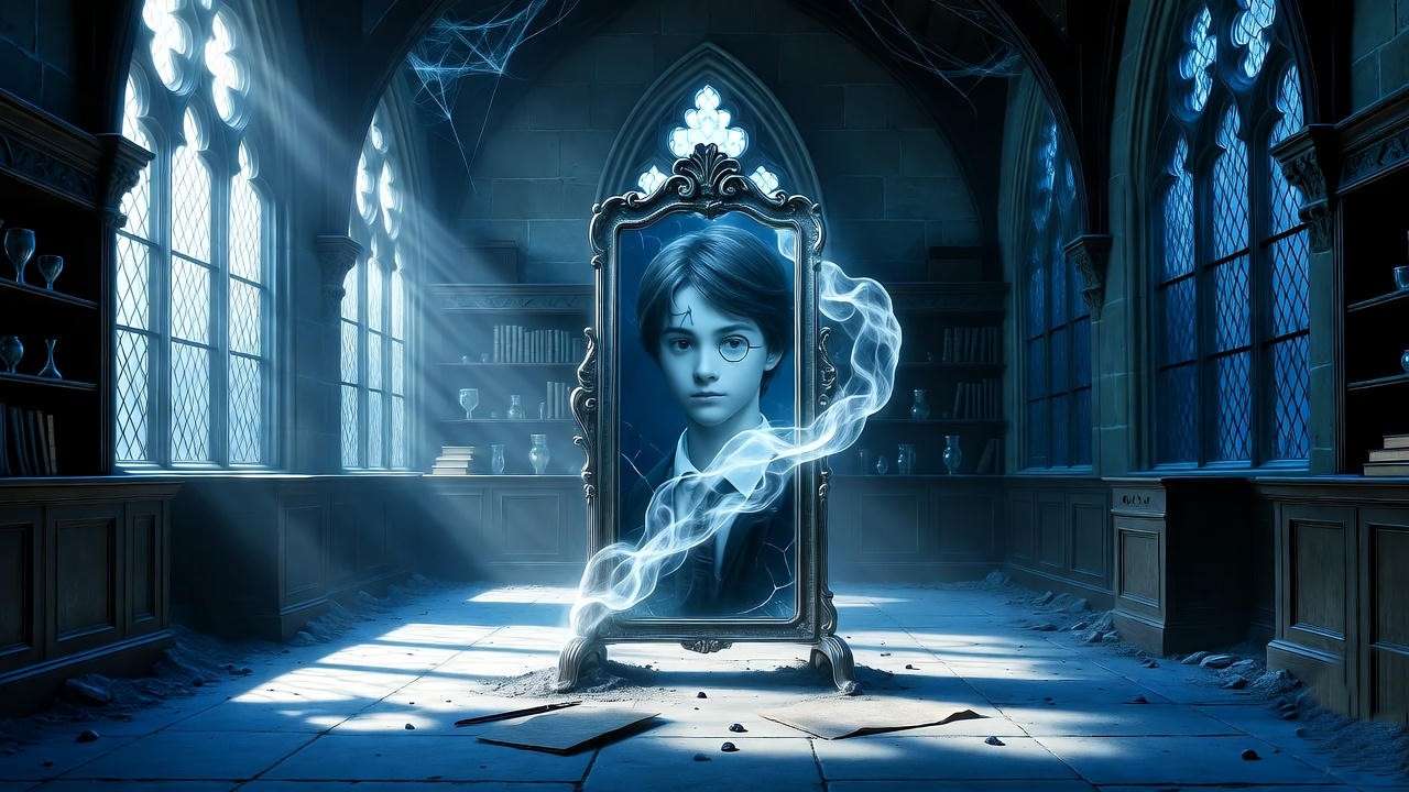 Cracked Mirror of Erised glowing under moonlight in abandoned Hogwarts classroom – hidden motifs Harry Potter