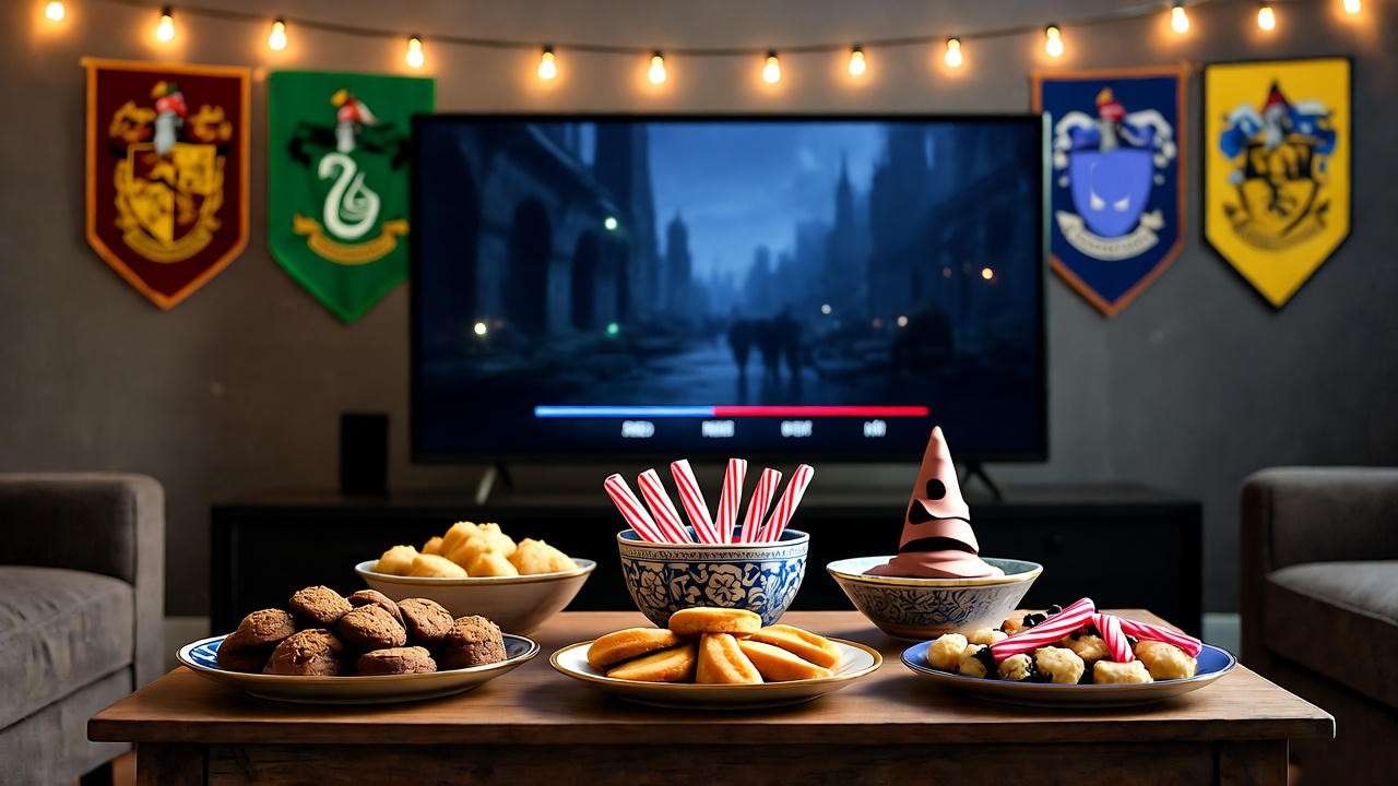 Hogwarts-inspired movie marathon setup with Harry Potter snacks, house banners, and fairy lights for a magical party ambiance.