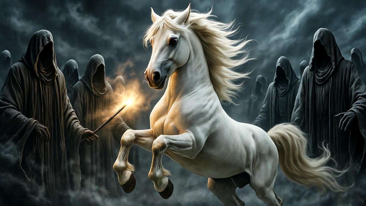 White stallion Patronus rearing in battle against Dementors with glowing wand light