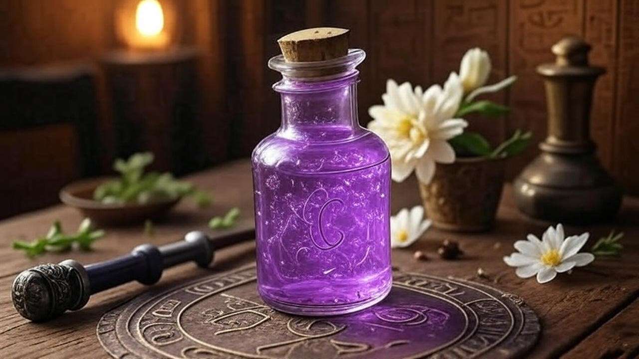Handcrafted Swelling Solution potion bottle with magical herbs for Harry Potter cosplay.