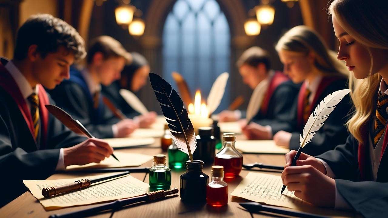 Harry Potter party with eagle feather quills and crafting activity in a Hogwarts setting.