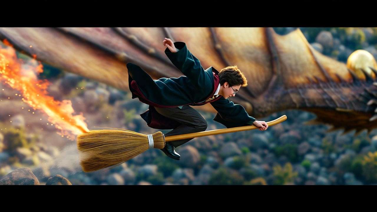 Harry Potter diving on Firebolt dodging Hungarian Horntail tail during **harry potter the dragon challenge** flight sequence