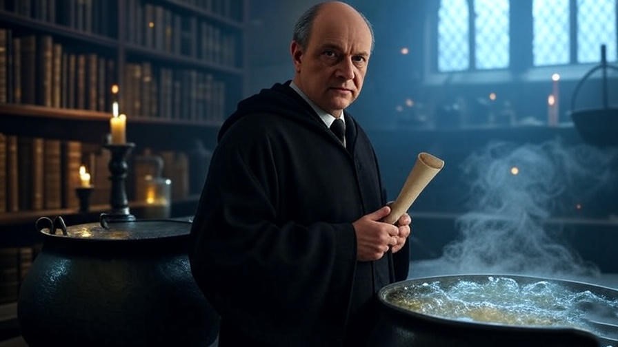 Hogwarts Potions professor with a cauldron and ancient books in a magical classroom.