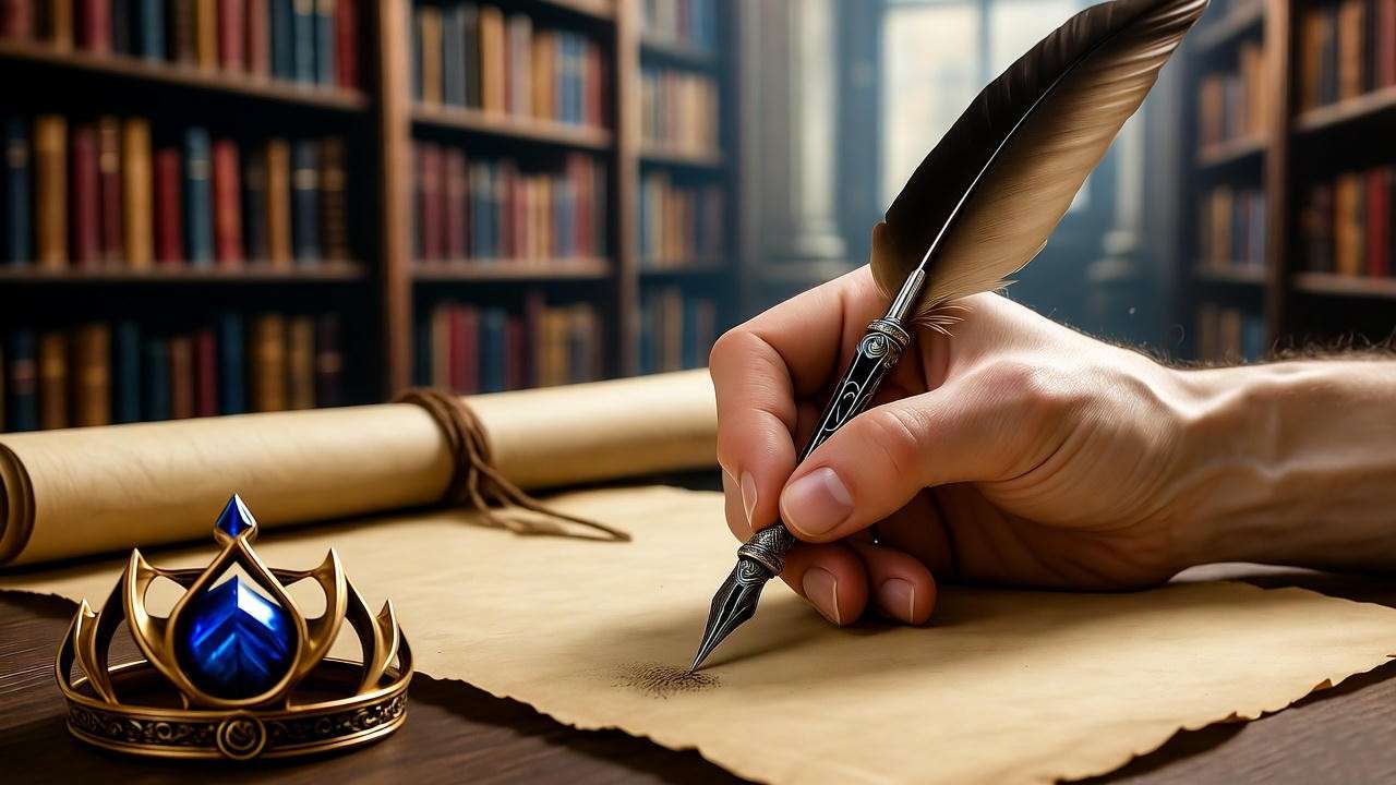 Hand writing a Hogwarts letter with an eagle feather quill in a mystical library
