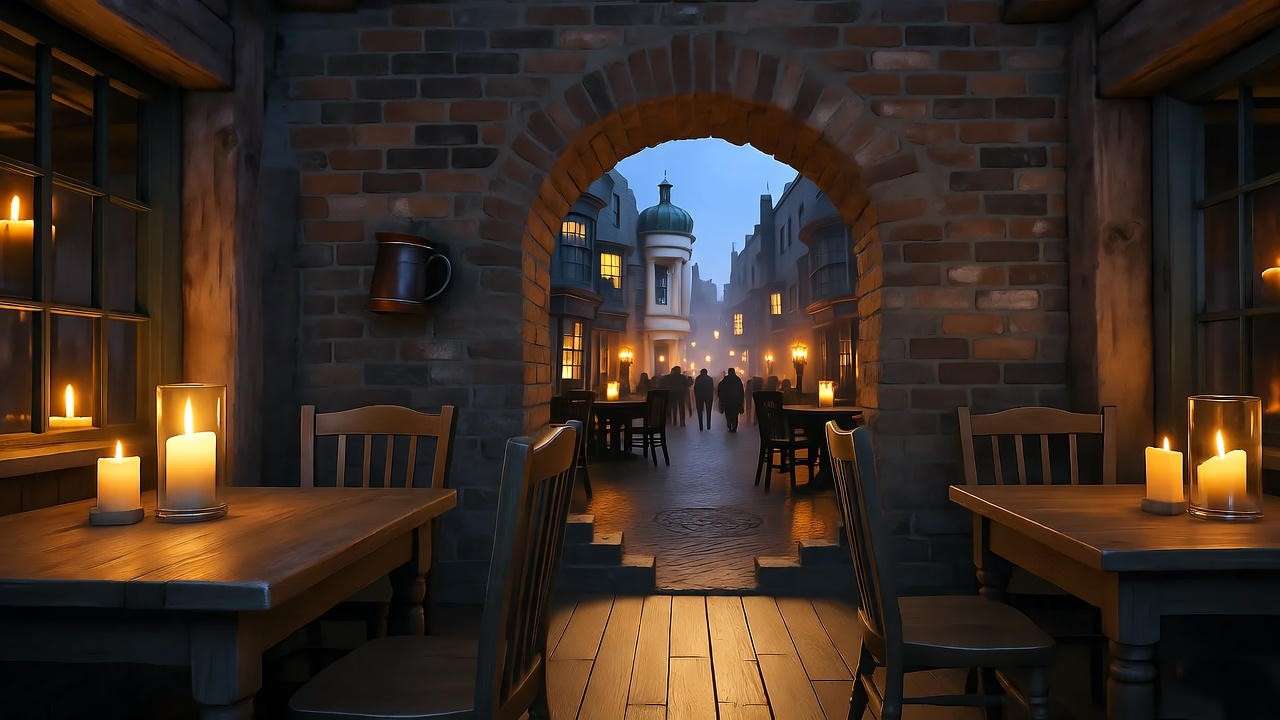 Cozy interior of the Leaky Cauldron London with a magical brick wall opening to Diagon Alley, capturing the Harry Potter pub’s mystical charm.
