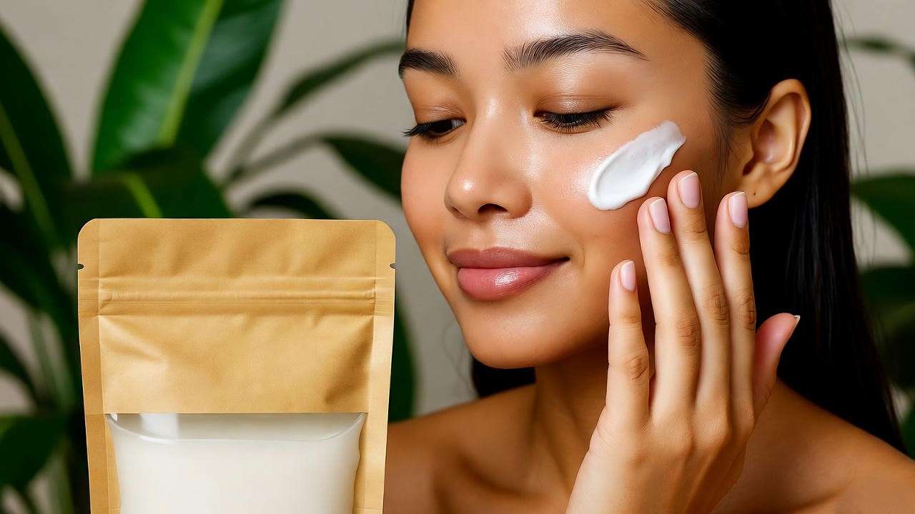 Woman applying natural skincare with eco-friendly packaging in a sustainable beauty setting