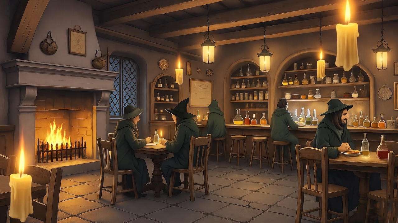 Cozy interior of The Leaky Cauldron with enchanted candles.