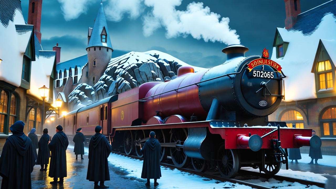 Hogwarts Express at Wizarding World theme park, ideal Harry Potter destination, 16:9 ratio
