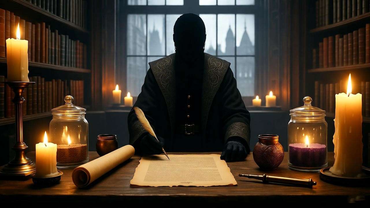 Mystical Ministry of Magic office with vintage artifacts and a shadowy figure in a robe, representing Bob Ogden’s role in Harry Potter.