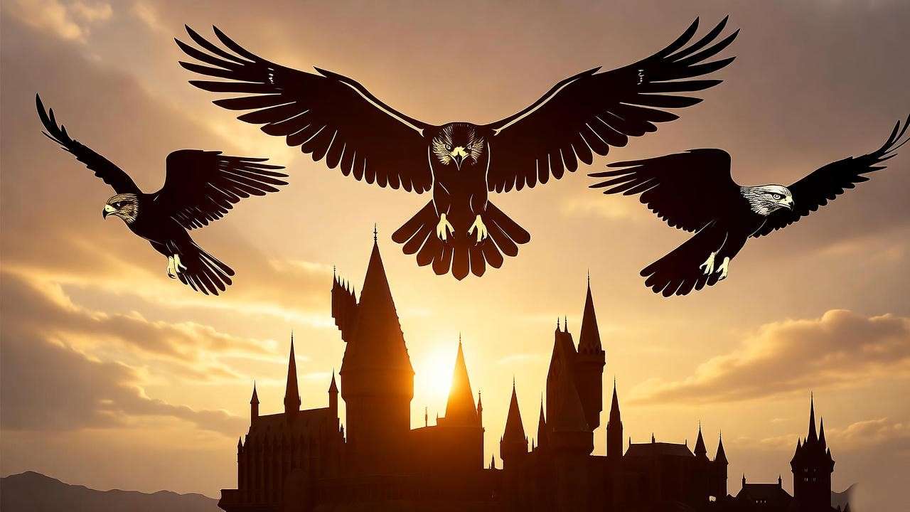 Symbolic hawks in Hawkshead Attack Formation V-shape over Hogwarts at sunset.