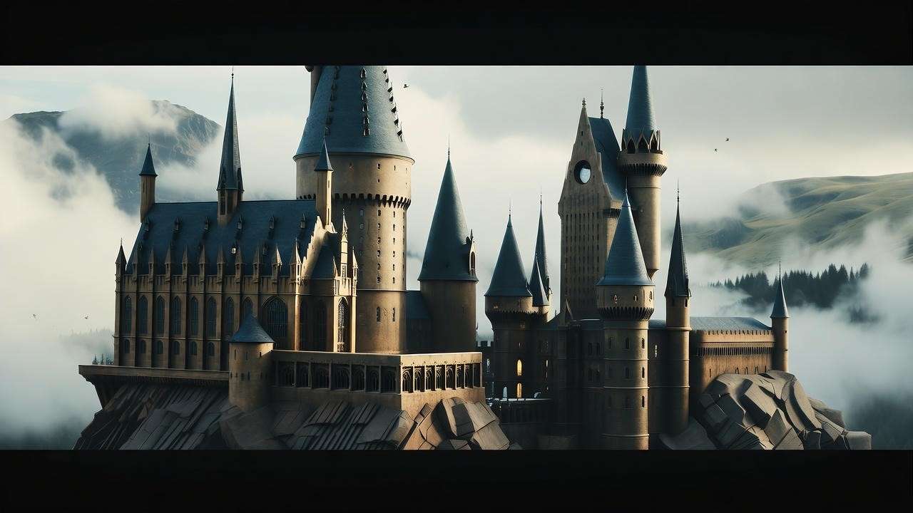 Majestic Hogwarts Castle with Gothic spires and magical glow in misty Highlands, perfect for Harry Potter fans.