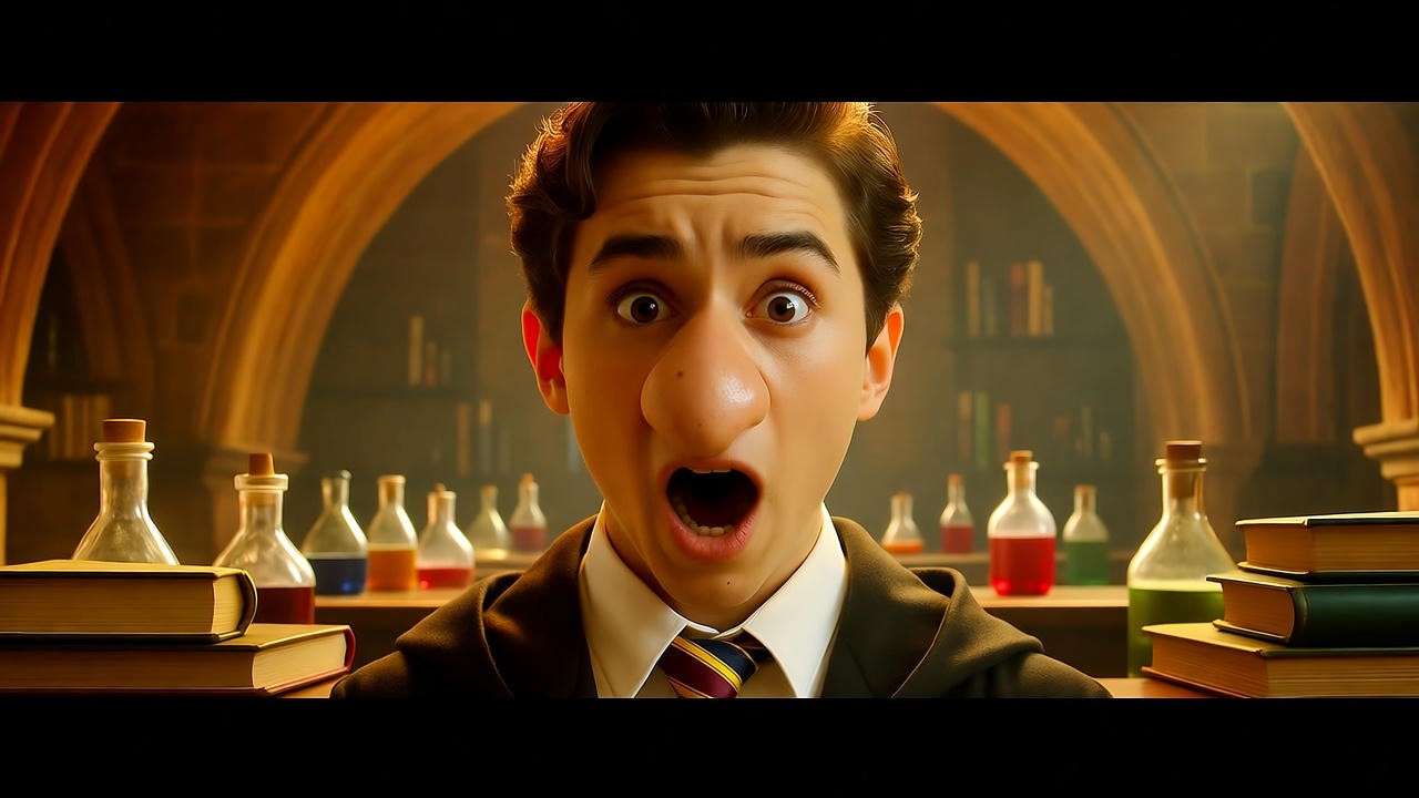 Hogwarts student with a swollen nose from Swelling Solution in a chaotic Potions classroom.