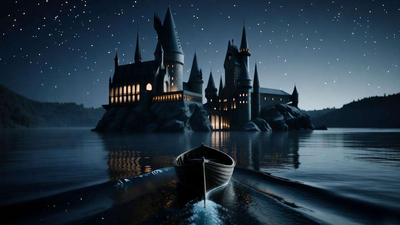 Hogwarts castle at night with boat on dark lake, magical starry sky reflection