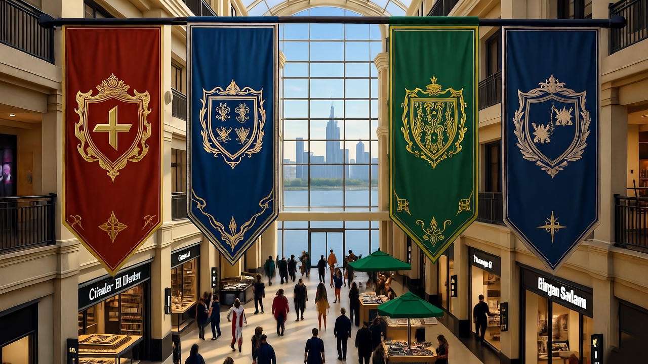 Magical Cambridgeside Galleria atrium with Hogwarts house banners and fans in costumes near Charles River