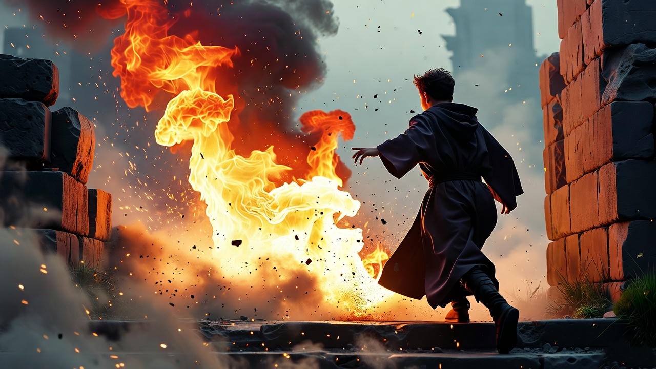 Fiendfyre flames destroying stone ruins with wizard in distress, Harry Potter dark magic scene.