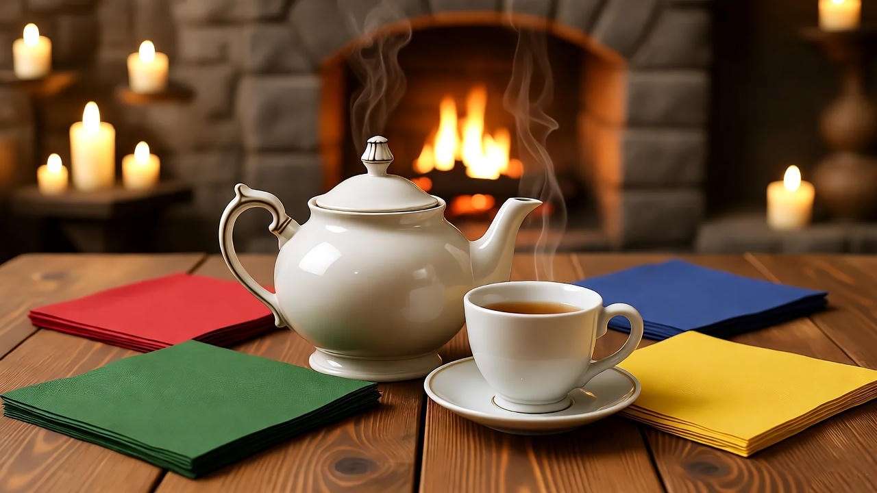 Cozy *Harry Potter* cream tea moment with teapot and Hagrid’s hut-inspired setting.