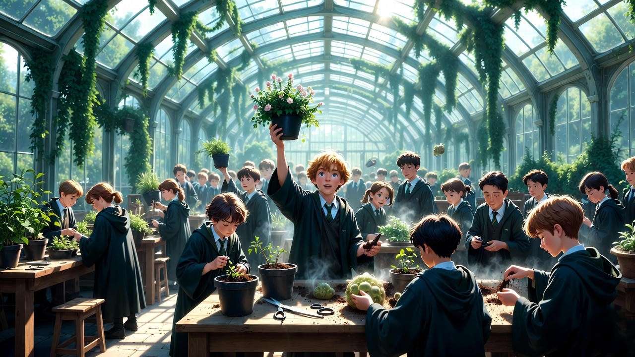 Harry Potter students in Herbology class handling magical plants Hogwarts greenhouse activity.

