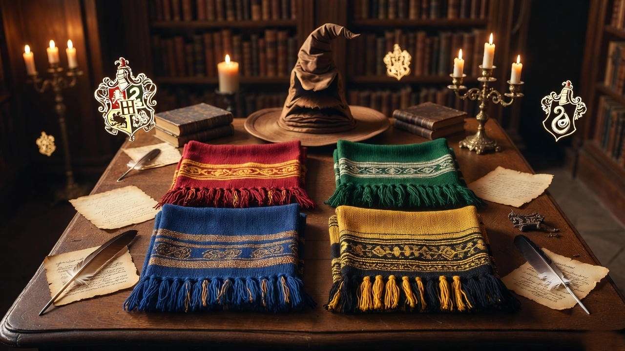 Hogwarts house scarves arranged on table representing Sorting Hat scholarship opportunities for Harry Potter fans 